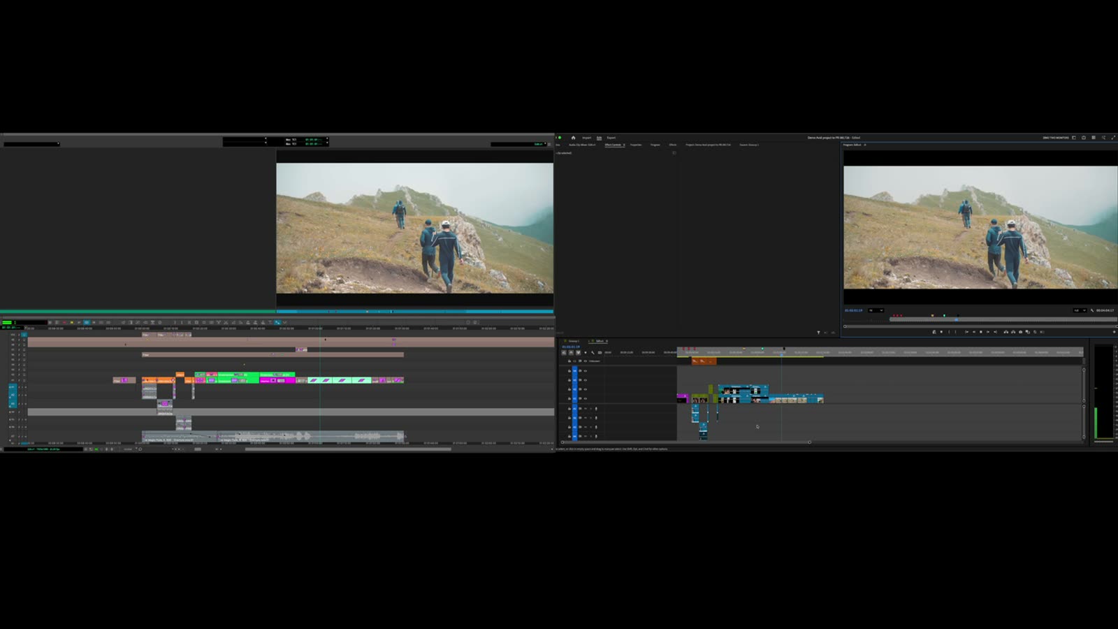 The same sequence open in Avid Media Composer and Adobe Premiere Pro side by side, both program monitors on the same frame.